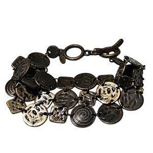 Handcrafted Antique Bronze Charm Bracelet Tribal Patterns Statement Jewelry
